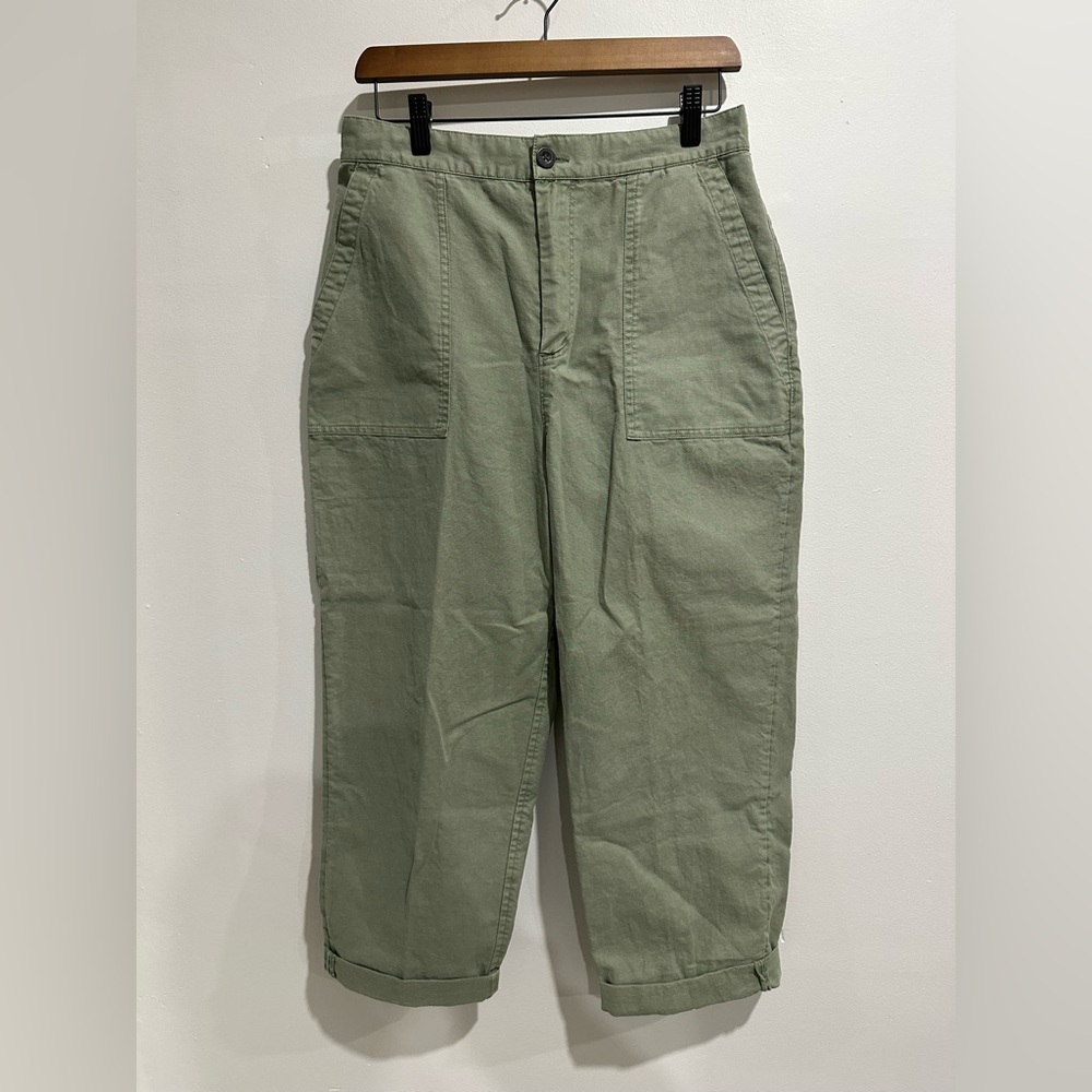 ROOTS Cotton and Linen Blend Green Cargo Boho‎ Lagenlook Cropped Pants Size 12